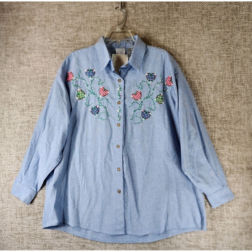 Mystic Blues Gingham Hearts Embroidered Chambray Shirt VTG Womens 20W Blue‎ NWI
